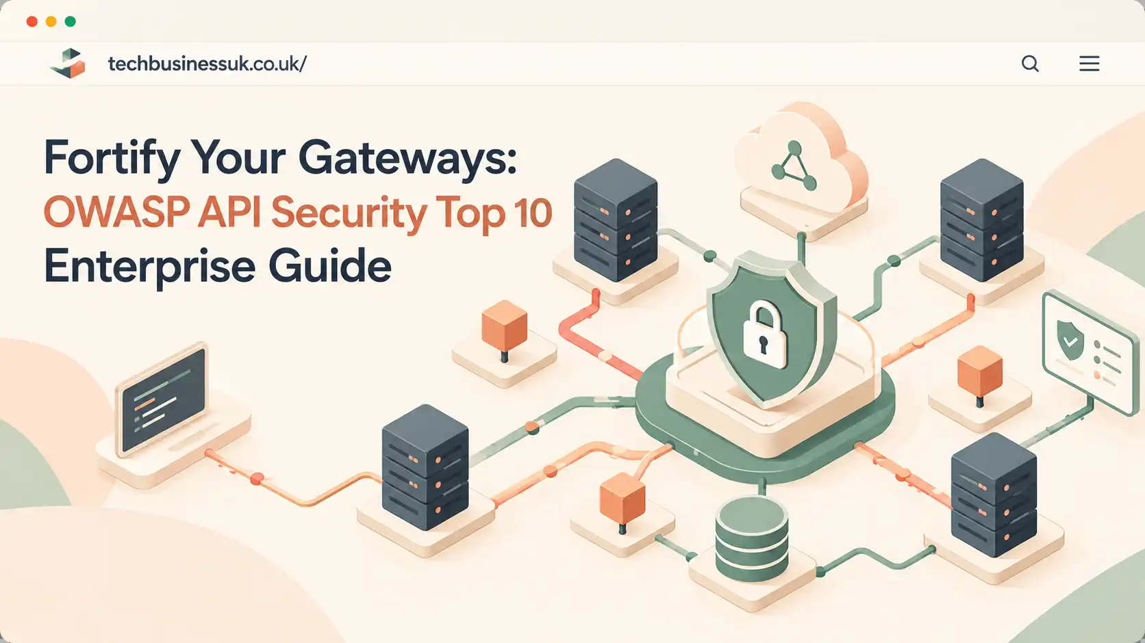 Isometric diagram of a secure API network shield representing the OWASP API security top 10 enterprise guide.