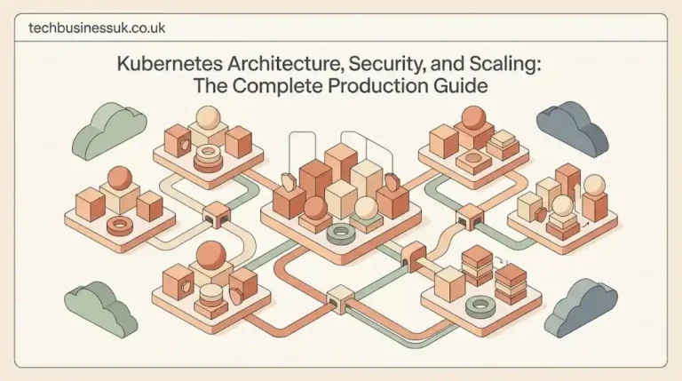 Isometric vector diagram of Kubernetes cluster architecture with interconnected nodes and data pipelines in soft pastel colors.
