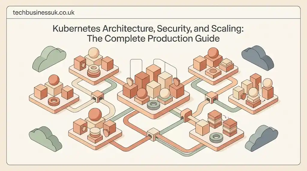 Isometric vector diagram of Kubernetes cluster architecture with interconnected nodes and data pipelines in soft pastel colors.
